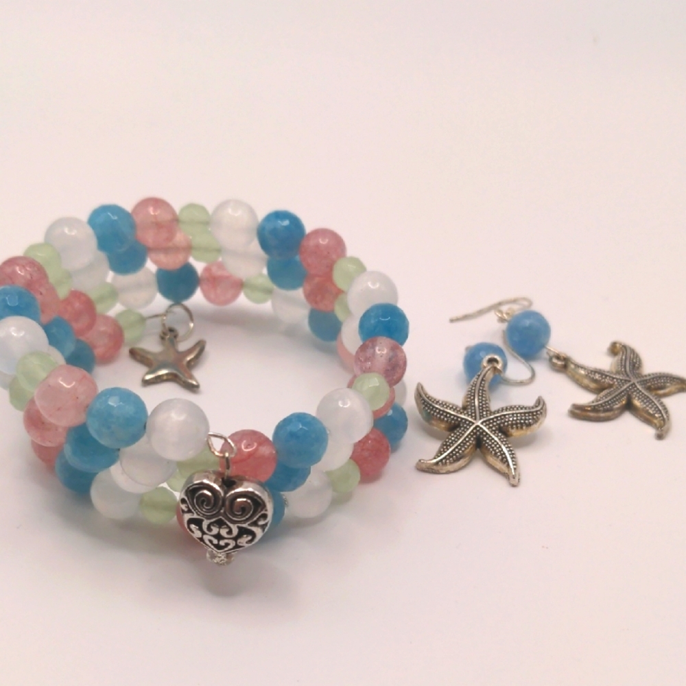 Wrap Multi gemstone Beaded Bracelet & Starfish Earrings Set, New, Fits All - Picture 1 of 8